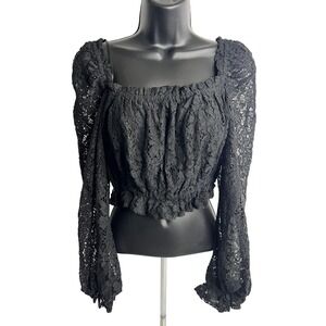 Aqua Blouse Womens Medium Black Lace Long Sleeve Peasant Boho LT14490S NWT Top
